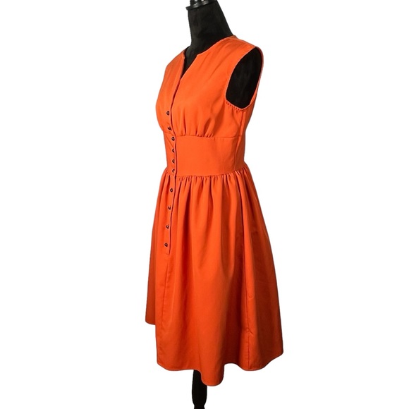 Orange Fit and Flare Dress Sleeveless Button Front Midi Retro Swing Sundress - Picture 5 of 13